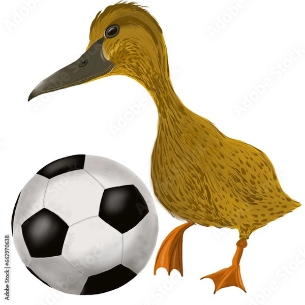Obraz a yellow duck kicks a white black ball on a white background
