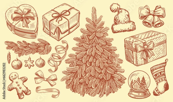 Fototapeta Christmas concept. Hand drawn retro objects for holiday decoration. Vintage sketch vector illustration