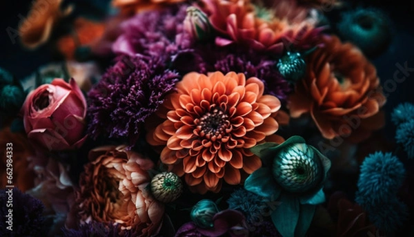 Obraz Multi colored bouquet of fresh flowers in a green vase generated by AI