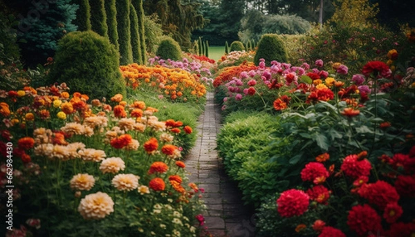 Fototapeta Vibrant tulip blossom in tranquil formal garden, surrounded by greenery generated by AI