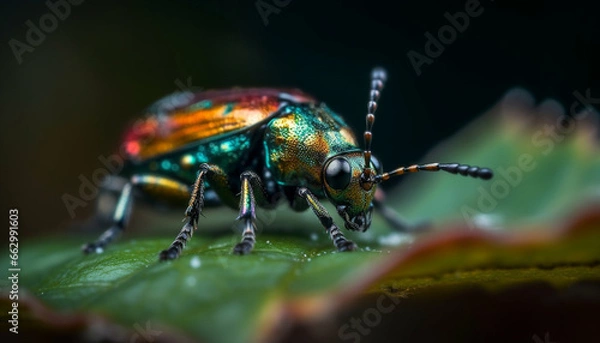 Obraz Small arthropod on green leaf, multi colored weevil in focus foreground generated by AI