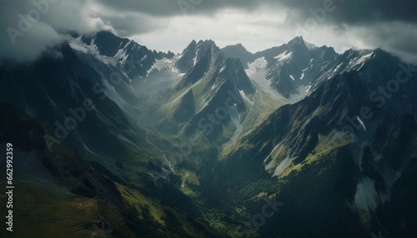 Fototapeta Majestic mountain range, high up in the sky, tranquil scene generated by AI