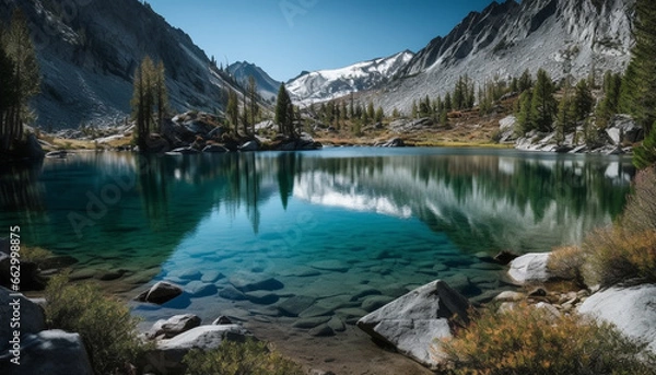 Fototapeta Majestic mountain range reflects tranquil scene of beauty in nature generated by AI