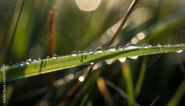 Fototapeta Fresh green drops on wet grass, reflecting beauty in nature generated by AI