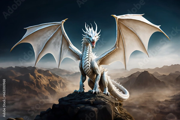 Obraz White dragon standing on a rock - Generative AI