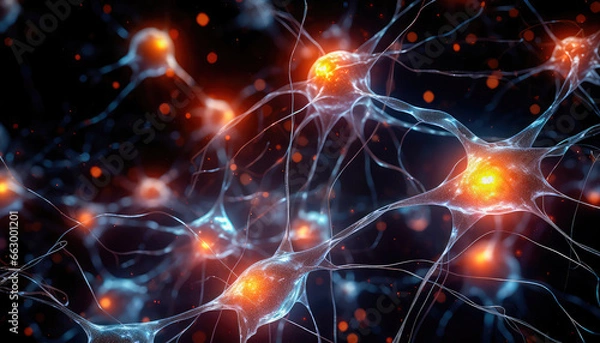 Fototapeta Illustration of a human nerve cell on a dark blue background with light effects. The nerve cell interacts by means of a light pulse. Generative AI