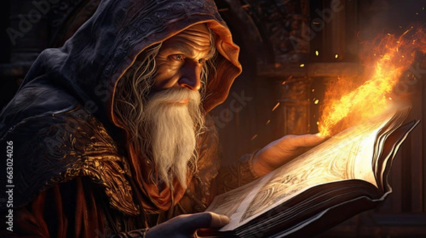 Obraz a wizard reading a book about spells.