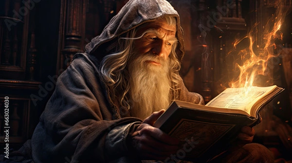 Fototapeta a wizard reading a book about spells.