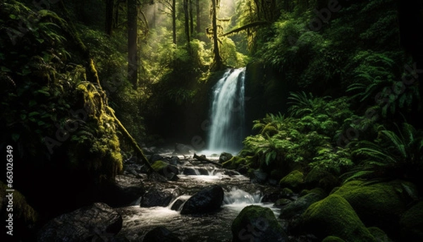 Fototapeta Tranquil scene of flowing water in lush tropical rainforest generated by AI