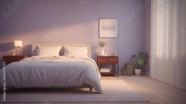 Fototapeta A serene bedroom with soft lavender walls and minimalist decor, the HD camera capturing the tranquil and calming ambiance of the space.