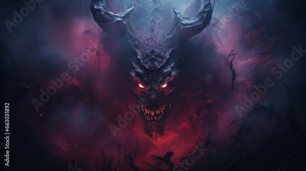 Fototapeta Flaming demon. Devil in the flames of fire. Fiery monster. Scary Fantasy monster. Terrible Fire Demon from hell. Red glowing eyes. Lord of Hell. Satan.