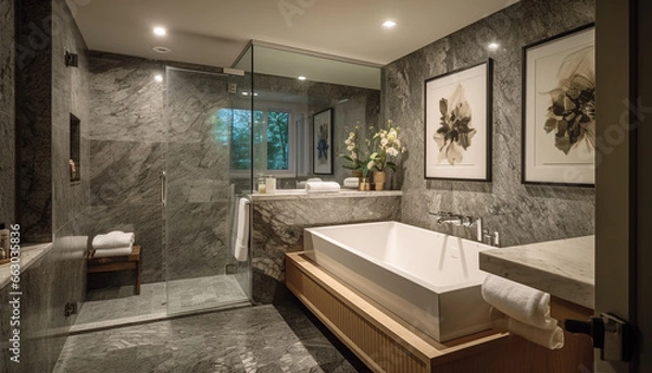 Fototapeta Modern luxury bathroom design with elegant marble and wide windows generated by AI