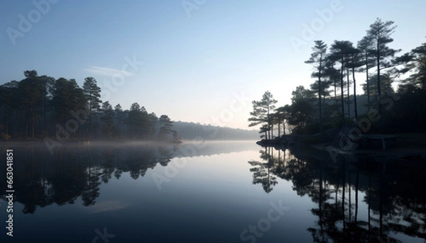 Fototapeta Tranquil scene  sunset reflects on water, silhouettes of trees generated by AI