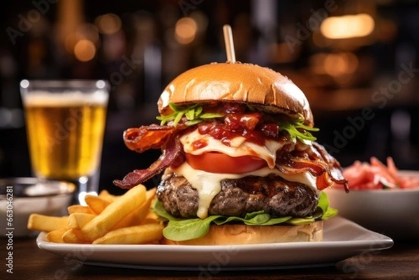 Fototapeta A Gourmet Burger Extravaganza - Towering with Juicy Beef, Crispy Bacon, Fresh Lettuce, Tomato, and Melted Cheese, Served with Crispy Golden French Fries

