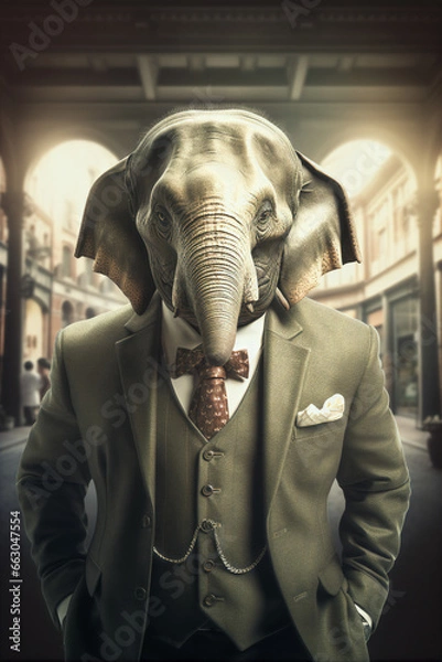 Fototapeta Portrait of a Successful Business Elephant Businessman with Suit and Tie building Wealth Money Fortune