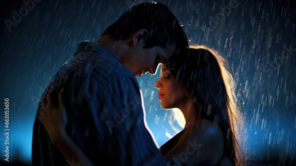 Fototapeta A passionate couple approaching each other in the rain