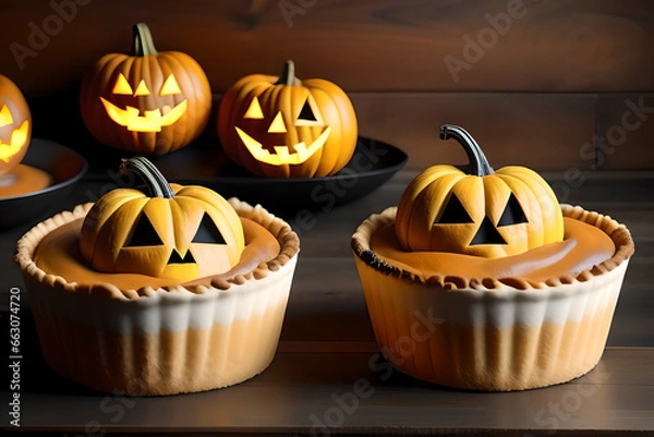 Obraz Pies with pumpkin face for Halloween. AI generated content