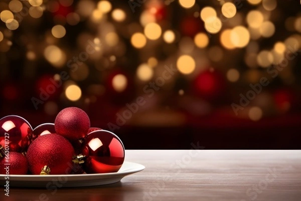 Fototapeta christmas decoration on wooden table, mock up background