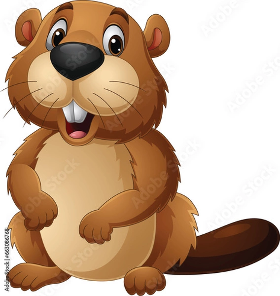 Obraz Cartoon happy beaver on white background