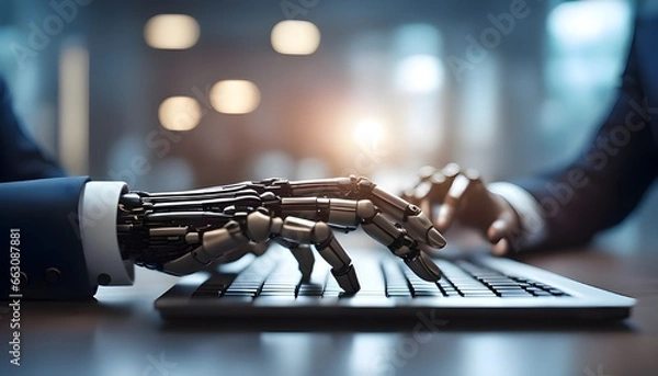 Fototapeta 3d Robot AI hand typing and working with computer keyboard business concept