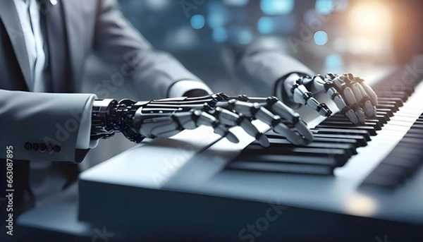 Fototapeta Robot AI hand typing and working with computer keyboard business concept