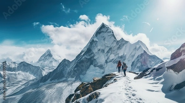 Fototapeta Mountain climbers walk on the ice mountains of Kilimanjaro glacier AI generated illustration image 16:9