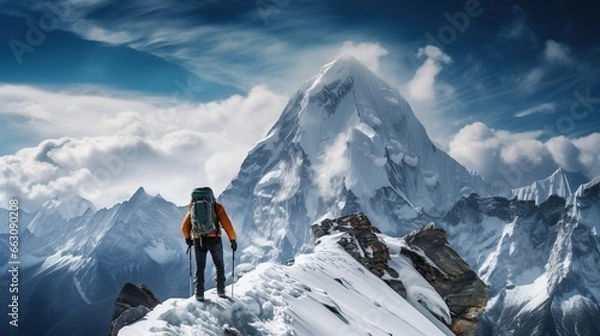 Fototapeta Mountain climbers walk on the ice mountains of Kilimanjaro glacier AI generated illustration image 16:9