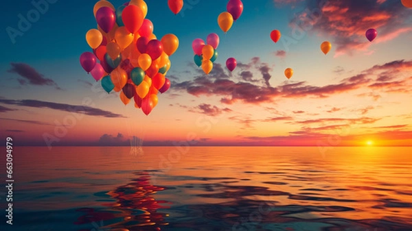 Obraz サンセットカラーの空に浮かぶ風船の写真