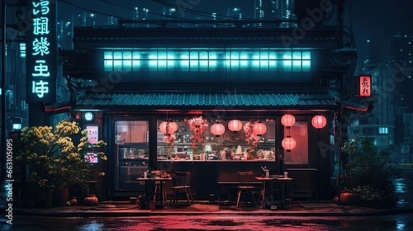 Fototapeta Tokyo cyberpunk landscape at nigh. Dystopian cityscape, devastated by war, poverty, and environmental decay, featuring decaying architecture and flickering neon signs, retro-futuristic Asian streets.