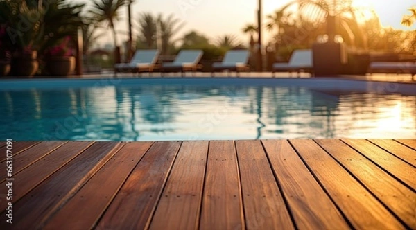 Fototapeta Wooden surface with a blurred background of a swimming pool