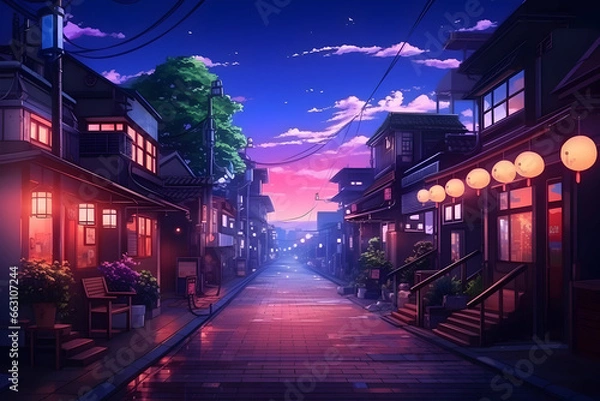 Fototapeta A Beautiful Japanese Cityscape in the Evening, with Houses Lining the Street. The Scene Radiates an Anime comic artstyle, Enveloping the Viewer in the Cozy Lofi Charm of Asian Architecture