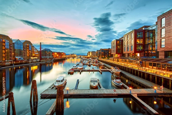 Obraz Summer night over Nidelva river and modern embankment  in Trondheim, Norway