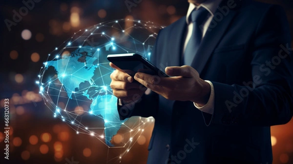 Obraz Businessman using mobile smartphone. Business global internet connection application technology. Generative Ai