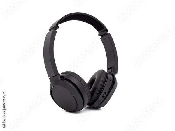Fototapeta Black wireless headphones isolated on a white background. Wireless headphones close-up.