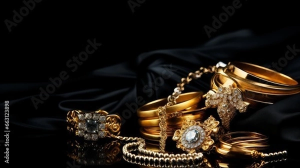 Obraz A collection of stunning gold jewelry elegantly arranged against a sophisticated black backdrop, creating a visually captivating composition with ample space for text or additional elements