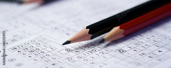 Fototapeta Pencil with blanket answer sheets. wide banner. Pencil for mark important days