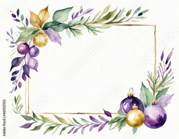 Fototapeta Christmas card frame with purple ornaments isolated on white background