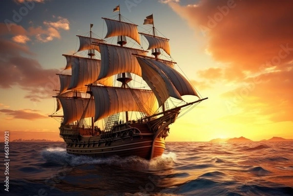 Obraz Pirate ship sailing on the ocean at sunset. Vintage cruise.