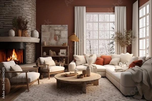 Fototapeta Design a cozy, winter-themed living room with a focus on warm colors and textures