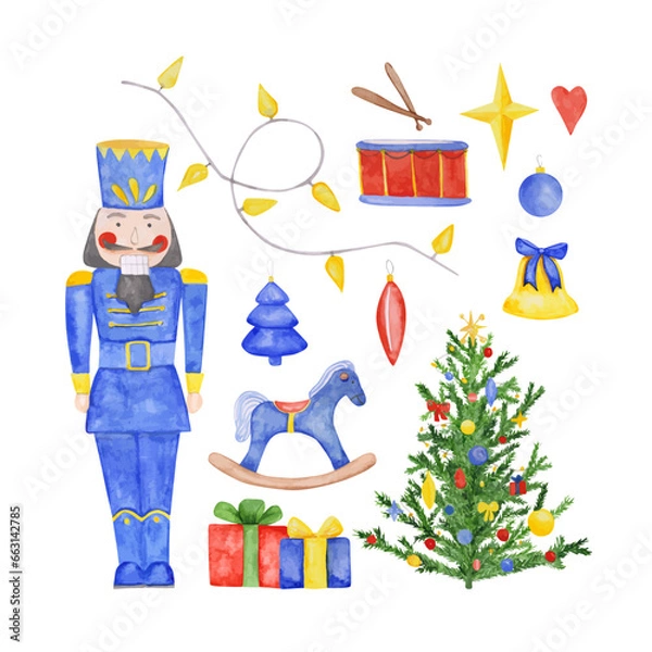 Fototapeta A set of 12 Nutcracker clipart is isolated on a white background. Vector characters from the nutcracker ballet, a Christmas tree, gifts, drums, a rocking horse, a bell, a star, a garland, ornament.