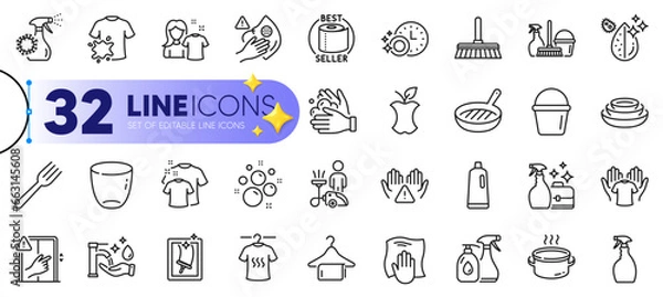 Fototapeta Outline set of Clean hands, Glass and Dirty t-shirt line icons for web with Dry t-shirt, Clean bubbles, Fork thin icon. Dont touch, Washing cloth, Coronavirus spray pictogram icon. Vector
