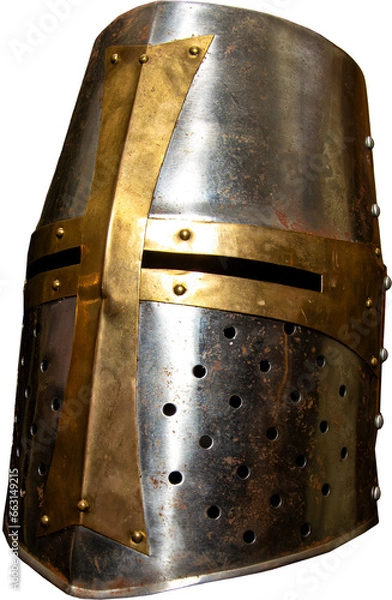Obraz Medieval knight's helmet on transparent background, high resolution png, bronze age armor asset