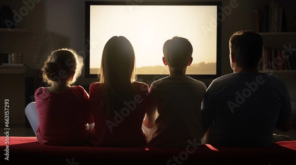 Obraz Family watching movie on television at night, back view. Back view