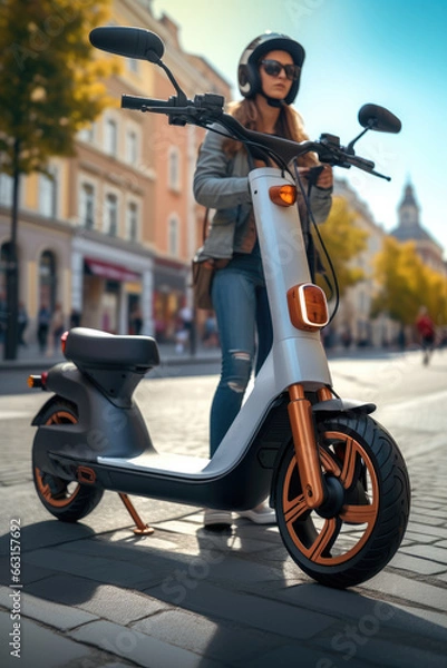 Fototapeta A girl is riding a electric scooter through the city at high speed.
