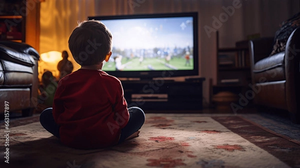 Obraz Little boy sitting on the floor in front of a television watching a football match