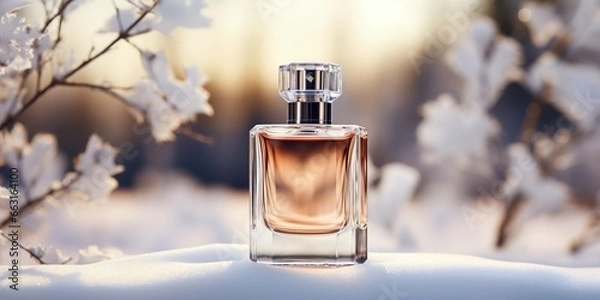 Obraz Empty perfume bottle mockup against snow and winter background for cosmetic branding.
