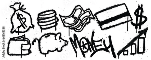 Fototapeta Set money graffiti spray paint. Collection of money bag, coin, money, card, dollar, wallet, piggy bank Isolated Vector
