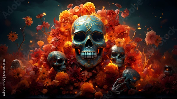 Fototapeta A festive background portraying a colorful array of sugar skulls adorned with marigold blooms, 3D render digital artistry, encapsulating the essence of Hispanic heritage and Día de los Muertos