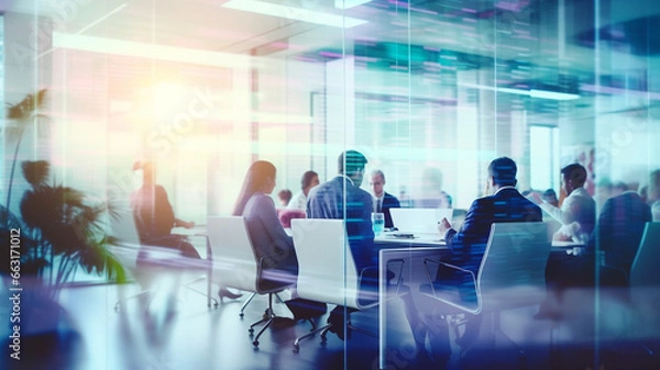 Obraz Business people meeting in room with blur overlay, Modern tech office conference concept | Generative AI