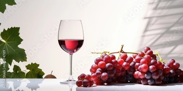 Fototapeta A picture Isolated white background with a Glass of red wine surrounded red grape, AI Generative